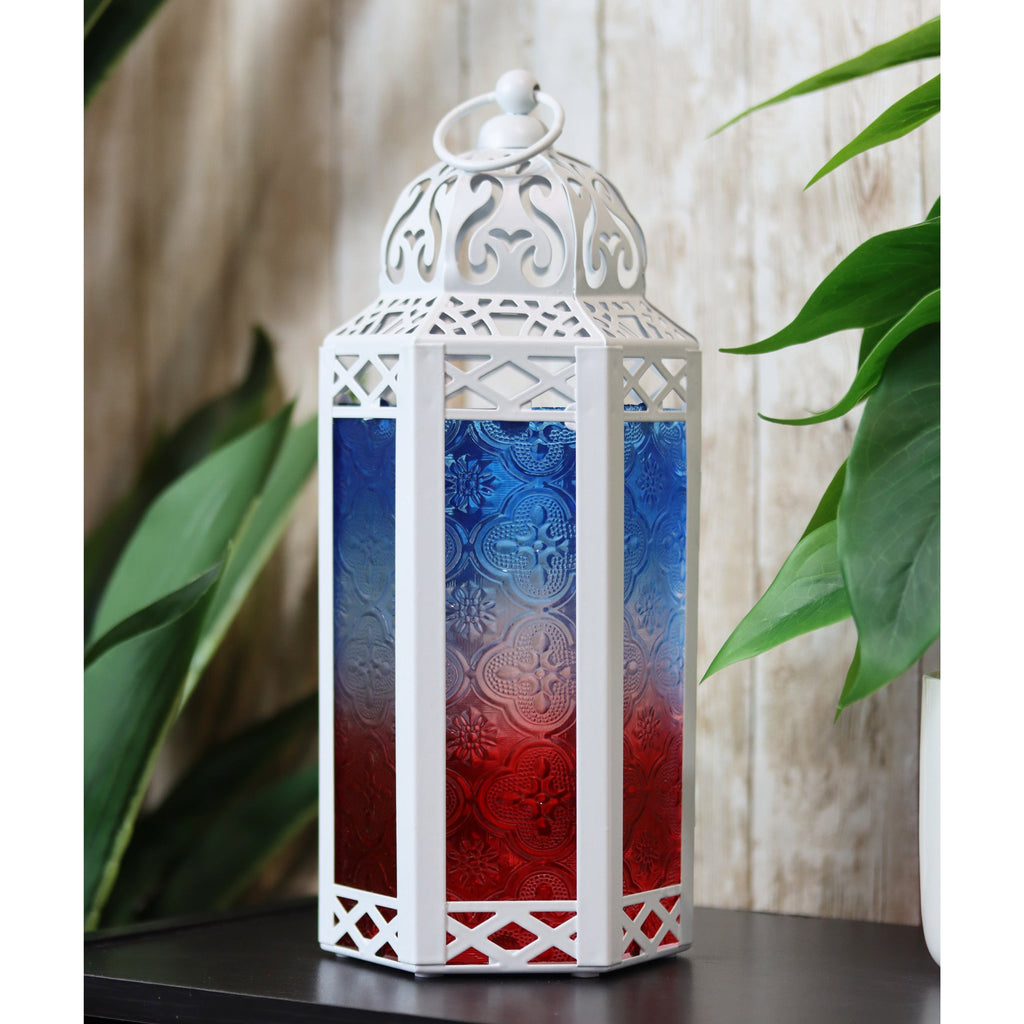 Moroccan Candle Lantern Holder - Decorative Metal & Glass Lantern with Embossed Floral Design for Indoor Home Decor, Garden, Patio, Weddings, Ramadan, Halloween & Holiday Celebrations - 10.5¡± Tall Medium Size