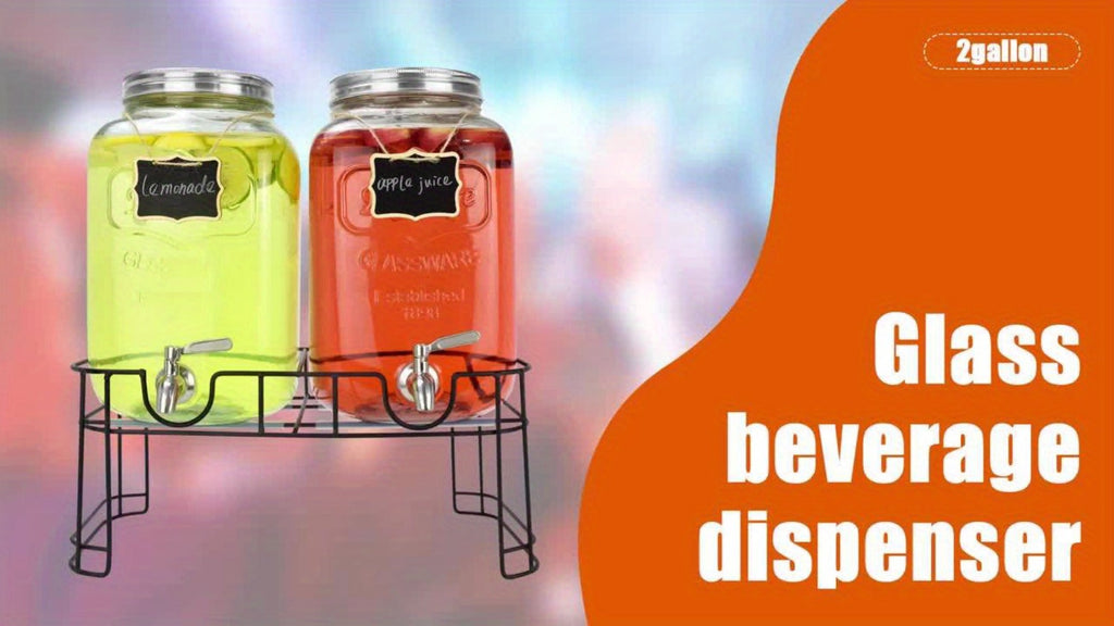 Glass Beverage Dispenser Set with Stand, 1-Gallon Square Glass Drink Dispenser with Stainless Steel Spigot & Ice Tube, Leak-Proof Lemonade Dispenser for Kitchen, Parties, Camping, 2pcs