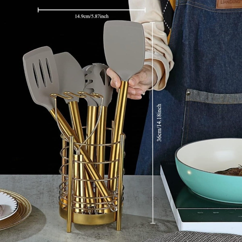 Kitchen Utensil Set 38 Piece Gold Stainless Steel with Silicone Heads Utensil Holder Measuring Cups Spoons Hooks BPA-Free Dishwasher Safe Complete Cooking Tool Set