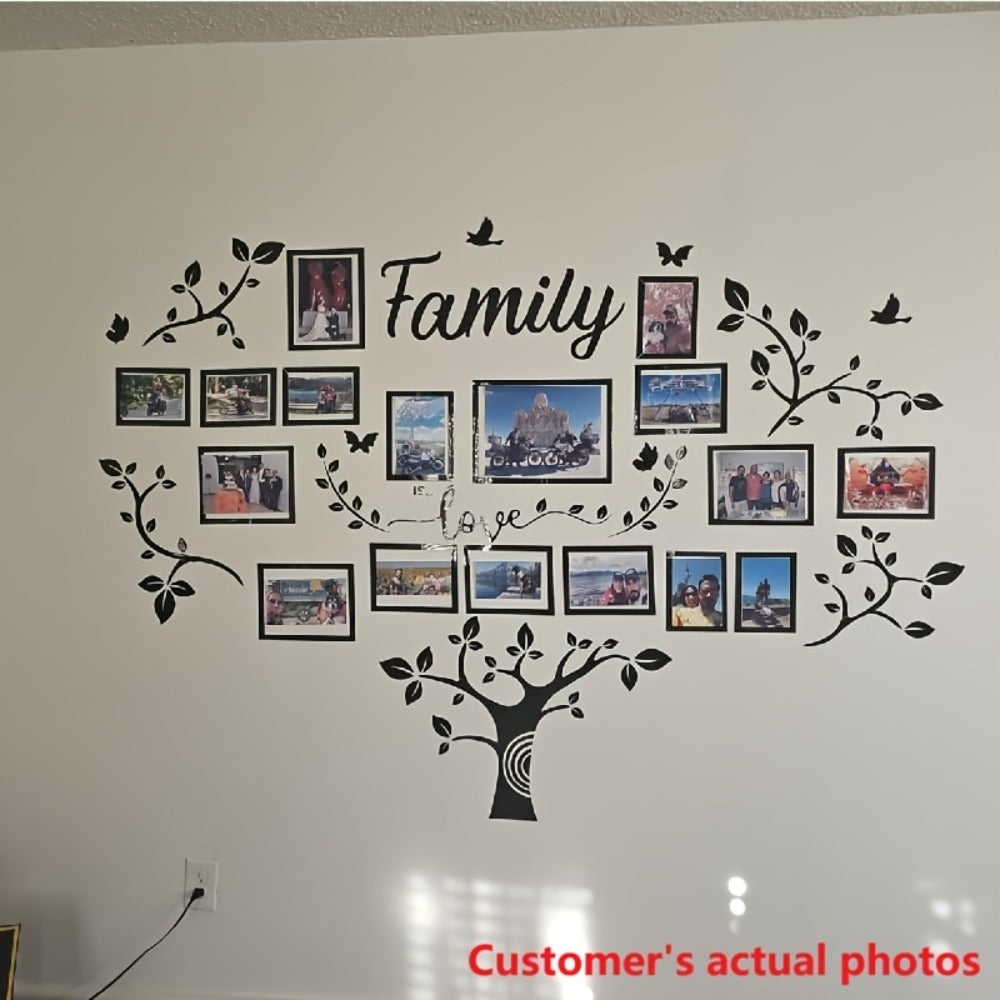 Family Tree Wall Sticker 3D Acrylic Photo Frame Collage ¨C Removable Leaf-Shaped Picture Display with ¡±Family¡± & ¡±Love¡± Text, Peel & Stick Living Room Wall Decor, 81.5 x 57.48 Inches
