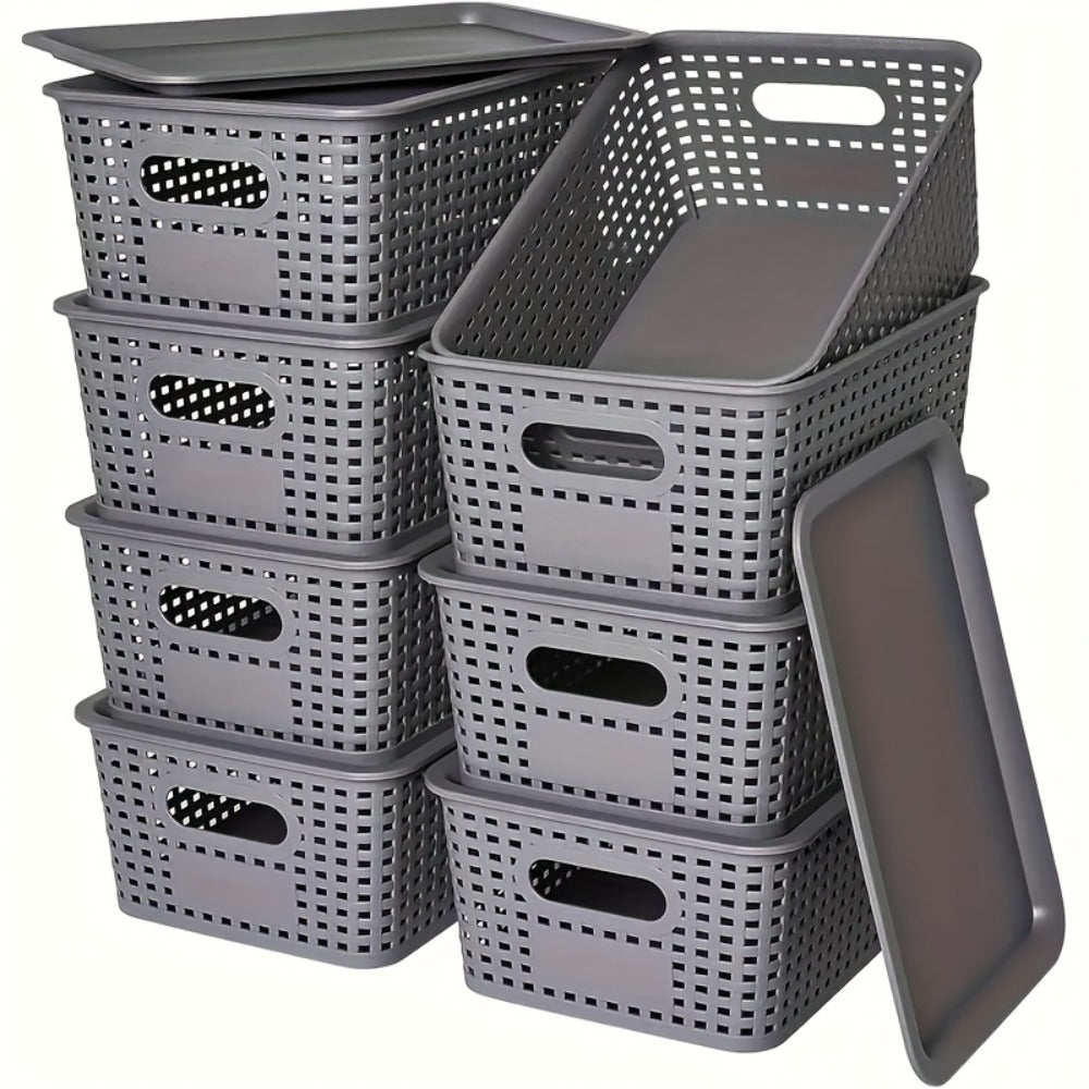 Storage Basket Set with Lids 8pcs ¨C Plastic Desktop Organizer Bins for Document Storage, Shelf Organization & Home Office ¨C Flip-Top Lid Baskets, White