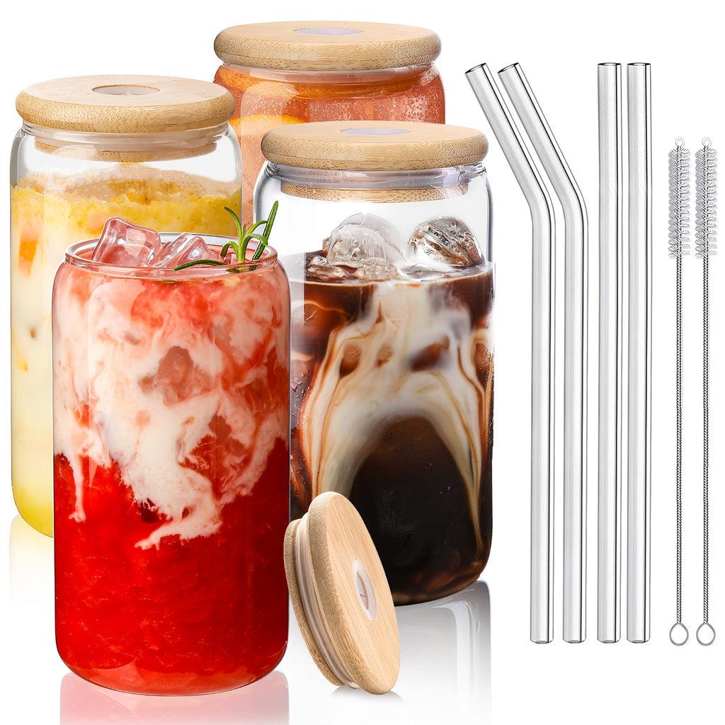 Glass Coffee Mug with Bamboo Lid & Straw | Iced Coffee Glass Cup Set, Mason Jar Mug, Reusable Drinking Glasses, Holiday Gift