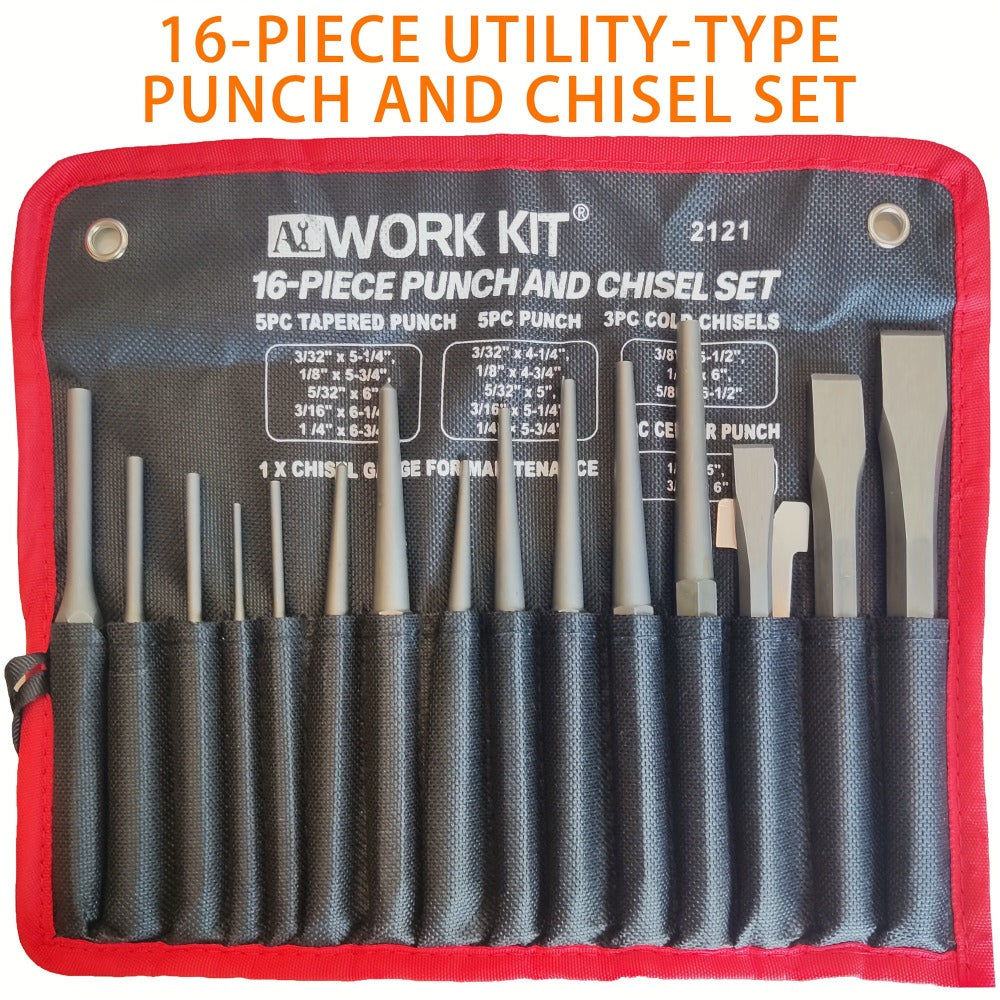 Punch and Chisel Set 16pcs Cr-V Steel with Taper Punch Cold Chisels Pin & Center Punches Fabric Storage Case Heavy-Duty Non-Electric Hand Tool Kit for Metalworking Woodworking Automotive DIY