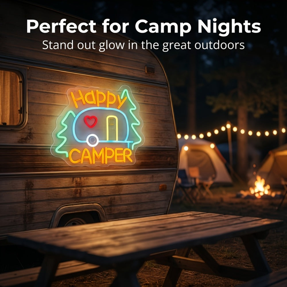 Happy Campers Neon Sign LED Wall Light | Illuminated RV Camper Decor Sign for Campsite Bedroom Man Cave Bar Party Polychrome Glowing Gift for Campers