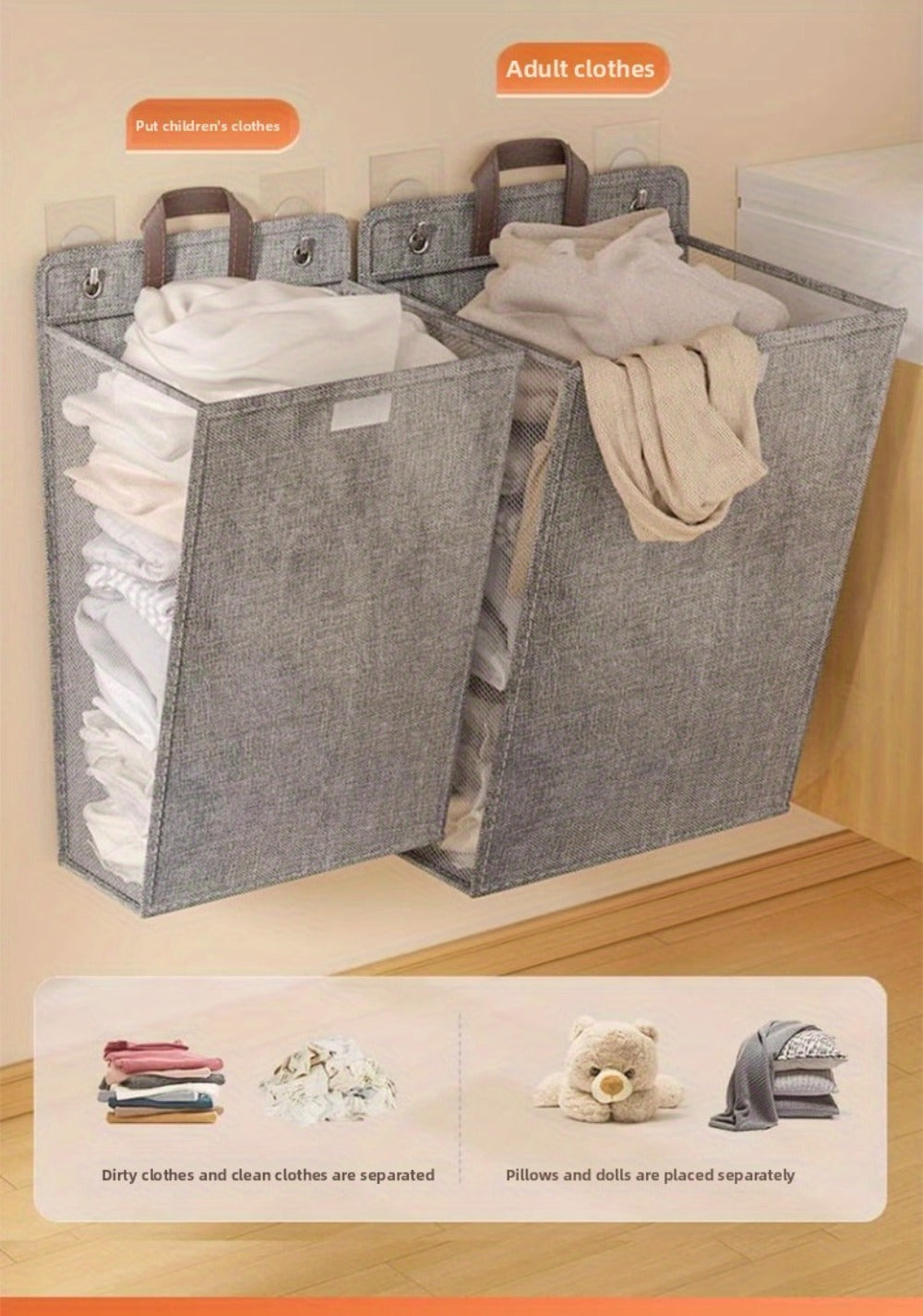 Wall Mounted Laundry Hamper Foldable Oxford Cloth with Lid | Space Saving Clothes Storage Basket for Bedroom Bathroom Living Room | Large 22x15 Inch Multi-Purpose Organizer Gray