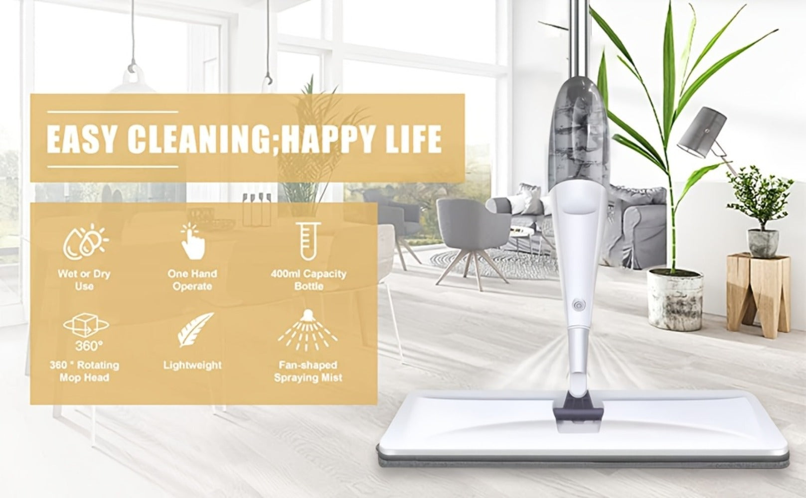Spray Mop with 3 Washable Microfiber Carbon Fiber Pads Water Spraying Flat Mop Wet Dry Dual Use Floor Cleaning for Hardwood Laminate Tile Ceramic 4pc White