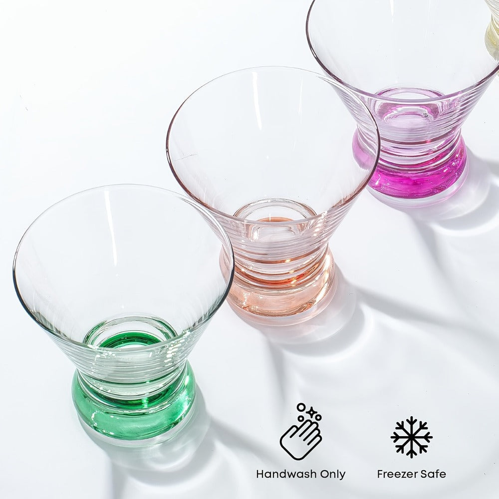 Stemless Martini Glasses Set of 6 ¨C 8oz Colored Cocktail Glasses, Margarita Bar Dessert Glassware with Gradient Color Base, Espresso Martini Manhattan Party Glasses, Gift for Her
