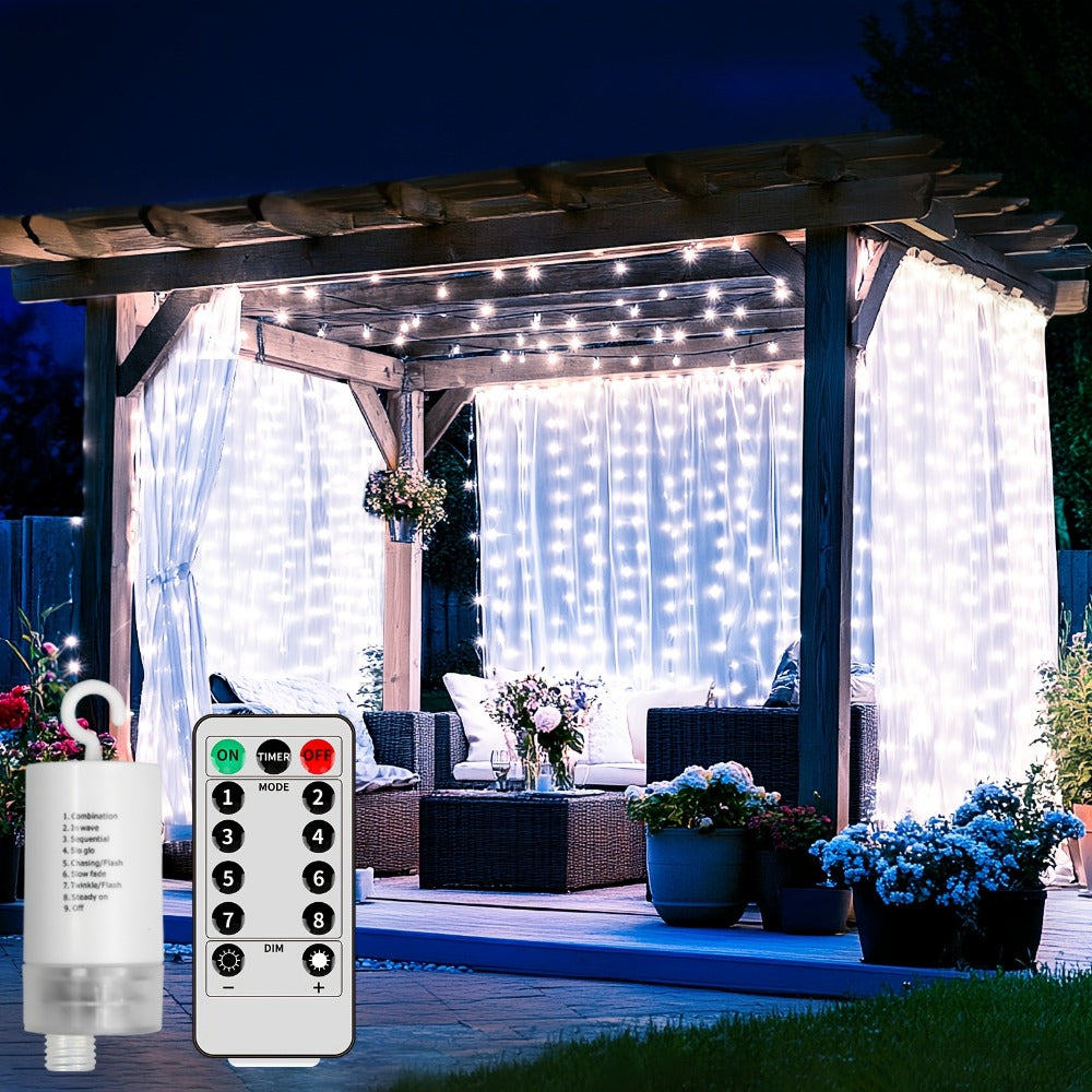 Curtain Lights for Gazebo Outdoor, 330 LED 10ft x 10ft Waterfall Fairy Lights Battery Operated with Remote, IP65 Waterproof Hanging String Lights with 8 Modes for Bedroom Porch Patio Wedding Decoration