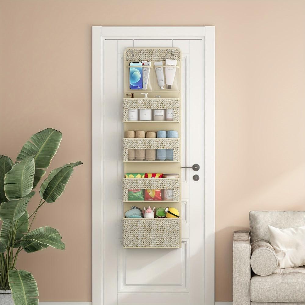 2-Pack Over-The-Door Hanging Organizer with 5 Shelves & 4 Clear Pockets ¨C Beige Rattan Storage Rack for Closet, Bedroom & Bathroom
