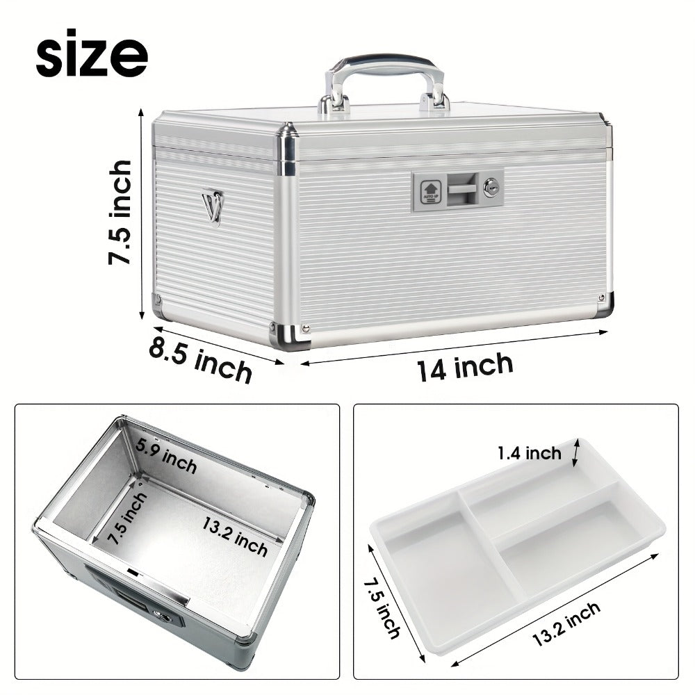 Aluminum Alloy Lockable Medicine Box ¨C Double Layer Large Capacity Storage Box with Key Lock, Handle & Tray for Medicines, Documents & Valuables, 10¡±/12¡±/14¡±/16¡± Home Security Box