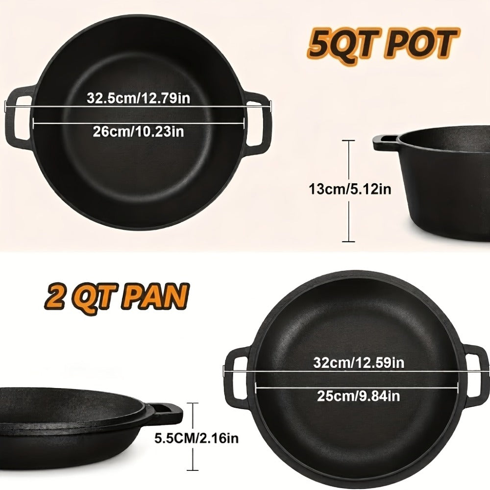 Cast Iron Dutch Oven Set 5.1QT & 7QT with Skillet Lid ¨C Pre-Seasoned 2-in-1 Cookware for Stovetop, Induction, Oven, Campfire & BBQ, Sourdough Bread Baking, Frying, Camping