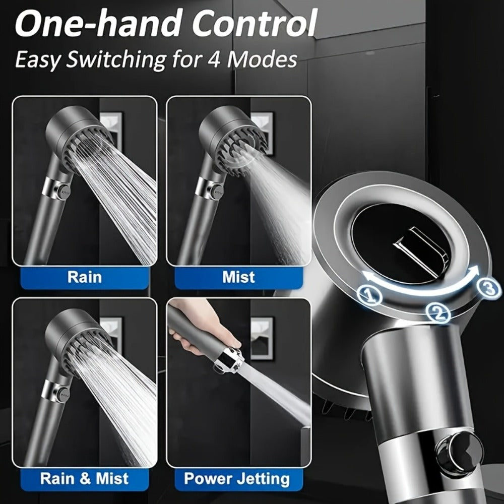 High Pressure Shower Head Set 4-Piece ¨C Turbine Spray Wall Mounted, 3-Stage Adjustable Mode, 6 Water Filters & 68¡± Hose, Skin-Friendly Bathroom Shower Upgrade Kit