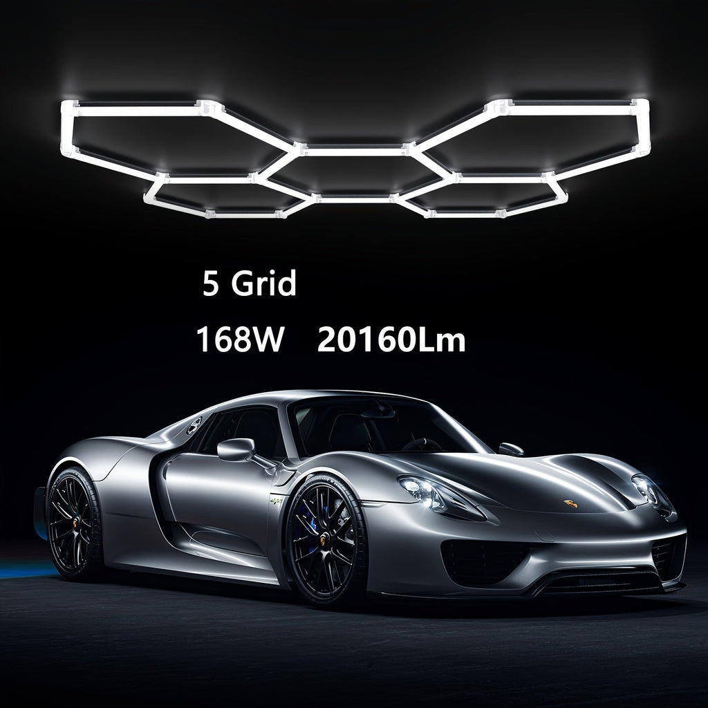 LED Hexagonal Garage Light 6500K ¨C Super Bright Daylight White Shop Light 42W¨C620W for Auto Detailing, Warehouse, Workshop, Basement & Gym (1 to 32 Grids, Hex Frame Available)