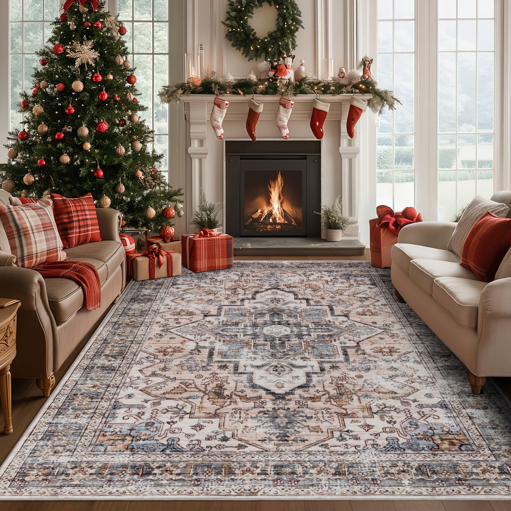 Bohemian Area Rug Ultra-Soft Non-Slip Washable Retro Foldable Carpet for Living Room Bedroom in Beige and Grey Multiple Sizes