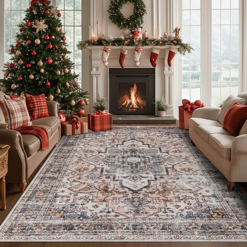 Bohemian Area Rug Ultra-Soft Non-Slip Washable Retro Foldable Carpet for Living Room Bedroom in Beige and Grey Multiple Sizes
