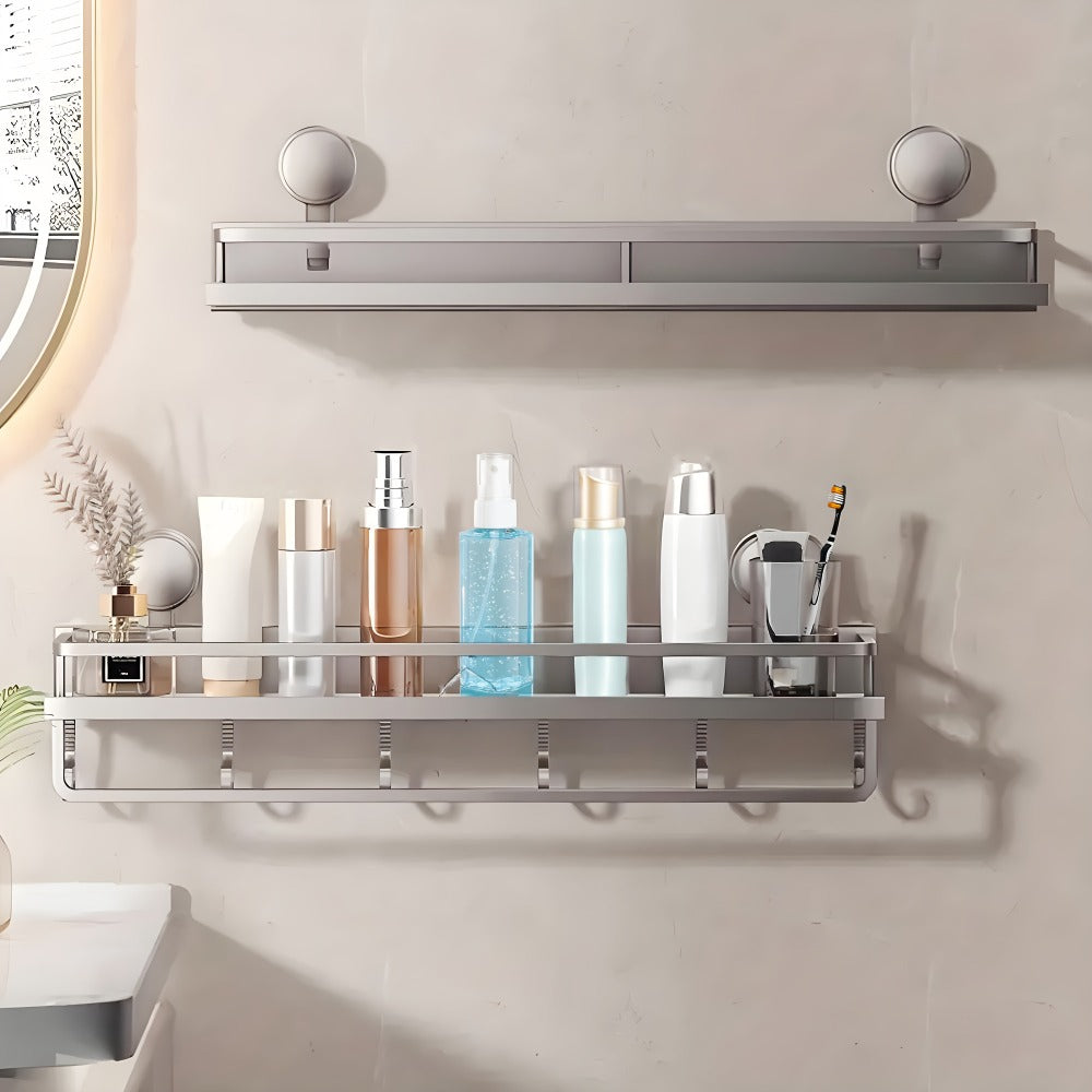 Suction Cup Shower Caddy with Towel Holder Bar, Wall-Mounted Bathroom Shelf Organizer for Shampoo Soap, Heavy-Duty Floating Shower Shelves, Strong Adhesive No Drilling