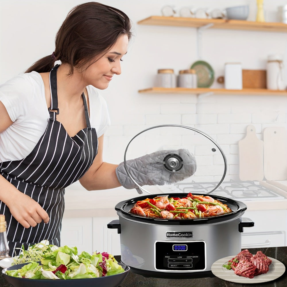 Slow Cooker 7.5 Quart Digital Programmable with Timer Ceramic Pot Stainless Steel Housing 3 Heat Settings Low High Keep Warm Large Capacity for Family Dinners Holiday Feasts Serves 10 Plus People