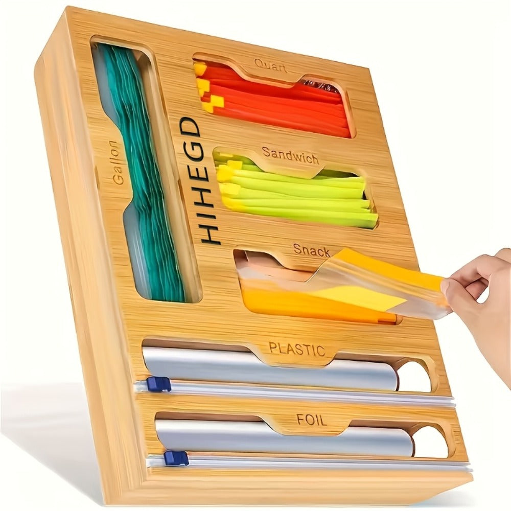 Bamboo Ziplock Bag Organizer Box for Kitchen Drawer - Adjustable Dividers, Compatible with Gallon Quart Sandwich Snack Bags, Space-Saving Fresh-Keeping Storage, Easy to Clean, Durable