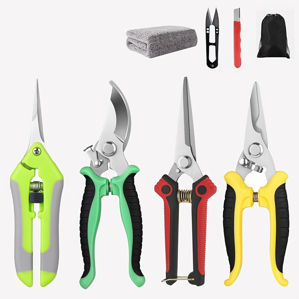 Gardening Pruning Tool Set 8 Piece Stainless Steel | Pruning Shears Scissors Pliers Ergonomic Handle with Wiping Cloth | Lawn Tree Garden Care Kit Orange Yellow Green