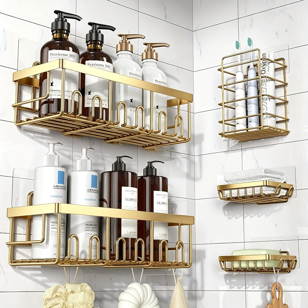 Shower Caddy Organizer 5 Pack Adhesive Rustproof Stainless Steel Shower Shelves with Soap Holder No Drilling Bathroom Storage Rack for Shower Wall Renters Apartment Kitchen Multiple Colors