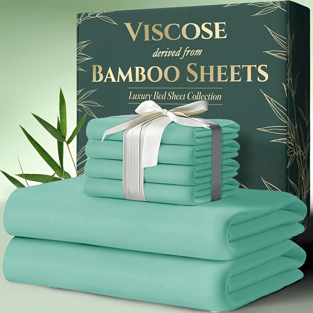 Cooling Bamboo Bed Sheet Set 6pcs Ultra Soft Deep Pocket 17 Inch Double Stitching Breathable Sheets for Hot Sleepers Twin Full Queen King