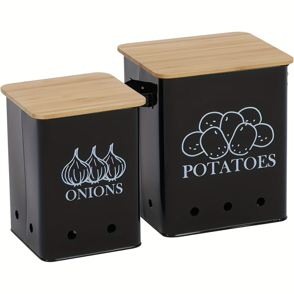 Kitchen Storage Canister Potato Onion Storage Bin Aerating Ventilation Holes Wooden Lid Multipurpose Kitchen Organizer for Onion Potato Fruit Vegetable Black White Grey Green