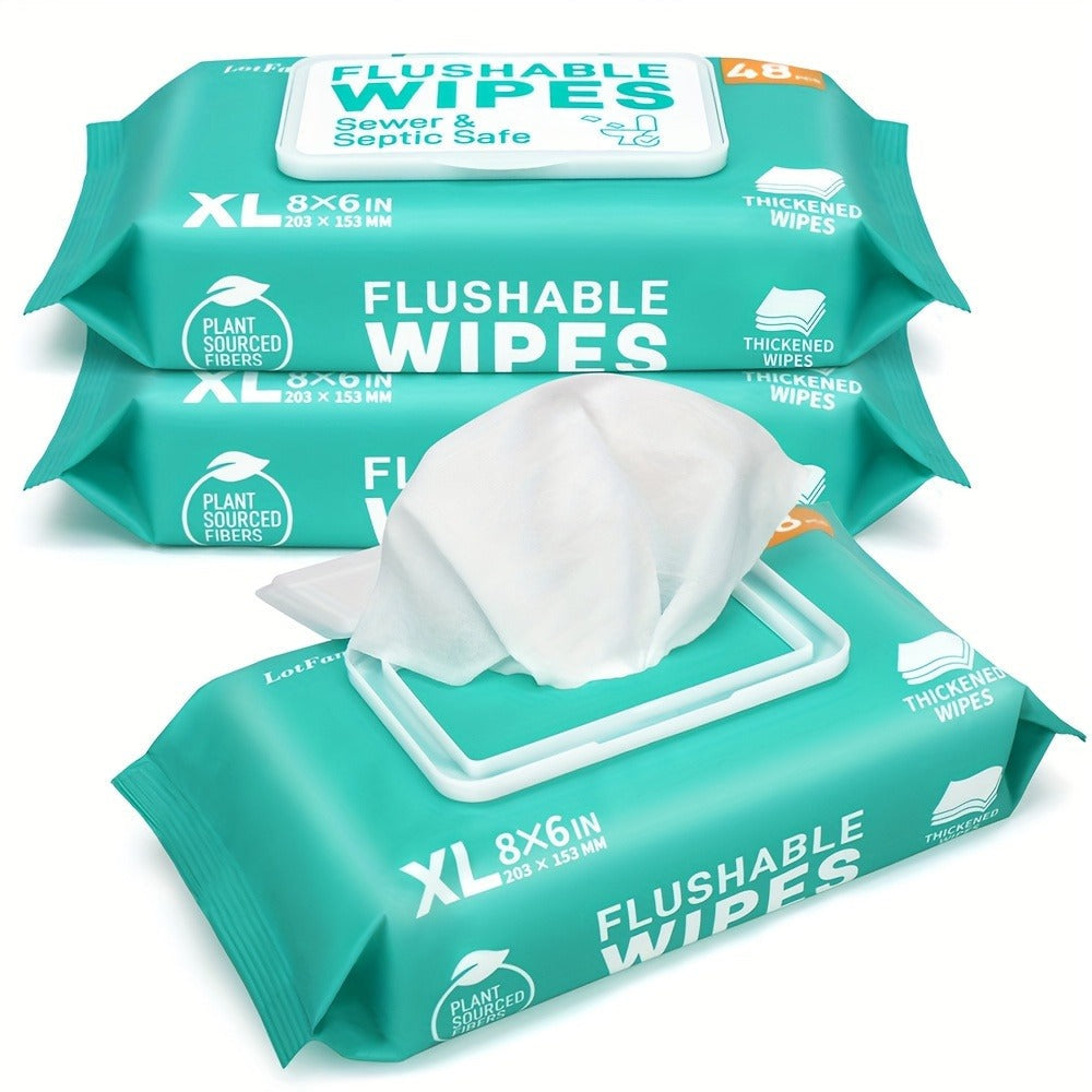 Flushable Wet Wipes Extra Large Thickened 48ct ¨C Alcohol-Free Plant-Based Butt Wipes, Septic Safe, Quick-Dispersing for Baby Sensitive Skin, Feminine & Personal Care ¨C Pack of 3 or 6