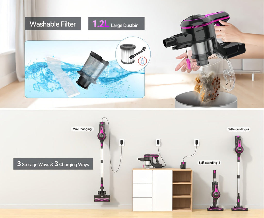 Cordless Vacuum Cleaner 2-in-1 Corded 70KPA Powerful Suction | 6-in-1 Handheld Vacuum with Detachable Battery 45-Min Runtime LED Brush Head 50.5oz Dust Cup | For Hardwood Floor Carpet Pet Hair Home Car