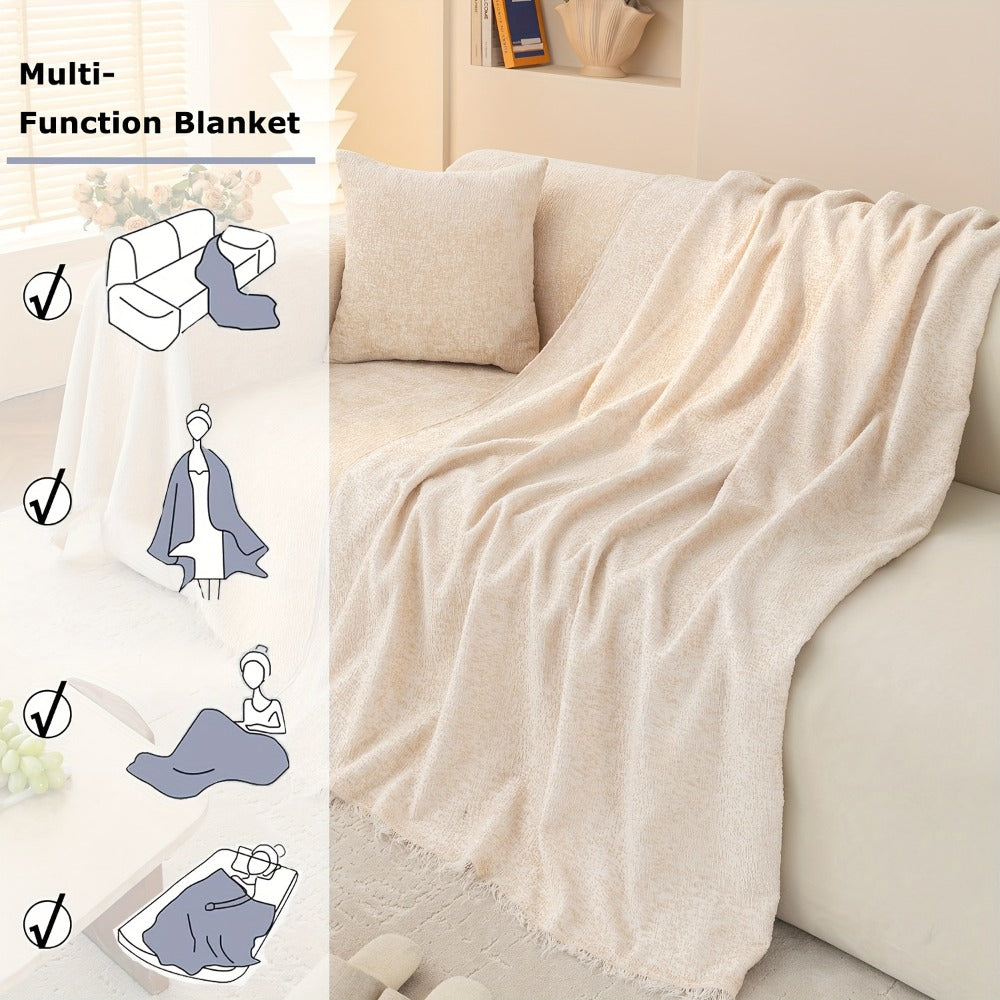 Chenille Sofa Cover with Fringe 300GSM - Super Soft Pet Friendly Solid Couch Slipcover for Single 2 4 Seater Living Room Decoration, 4 Colors