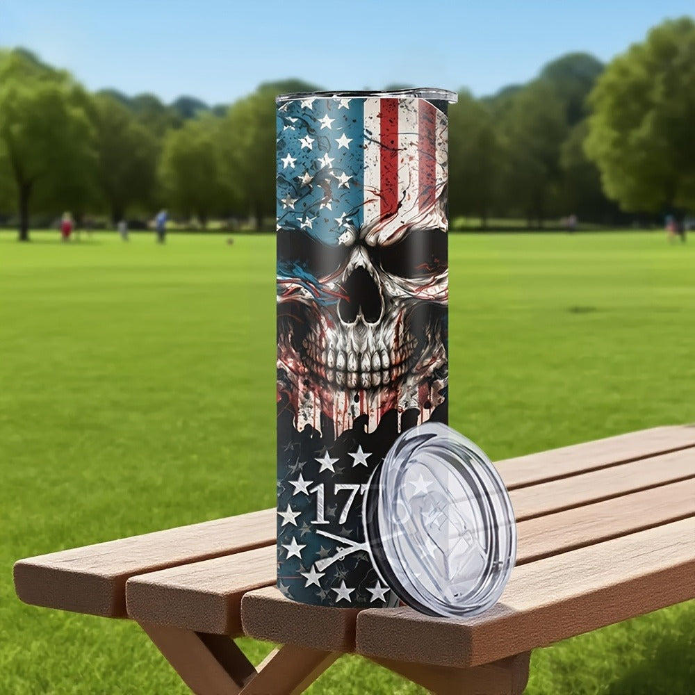 Skull Tumbler 20oz Patriotic Skull Pattern Stainless Steel Insulated Cup with Lid & Straw Travel Coffee Mug Hot Cold Drinks Gift Birthday Halloween Christmas