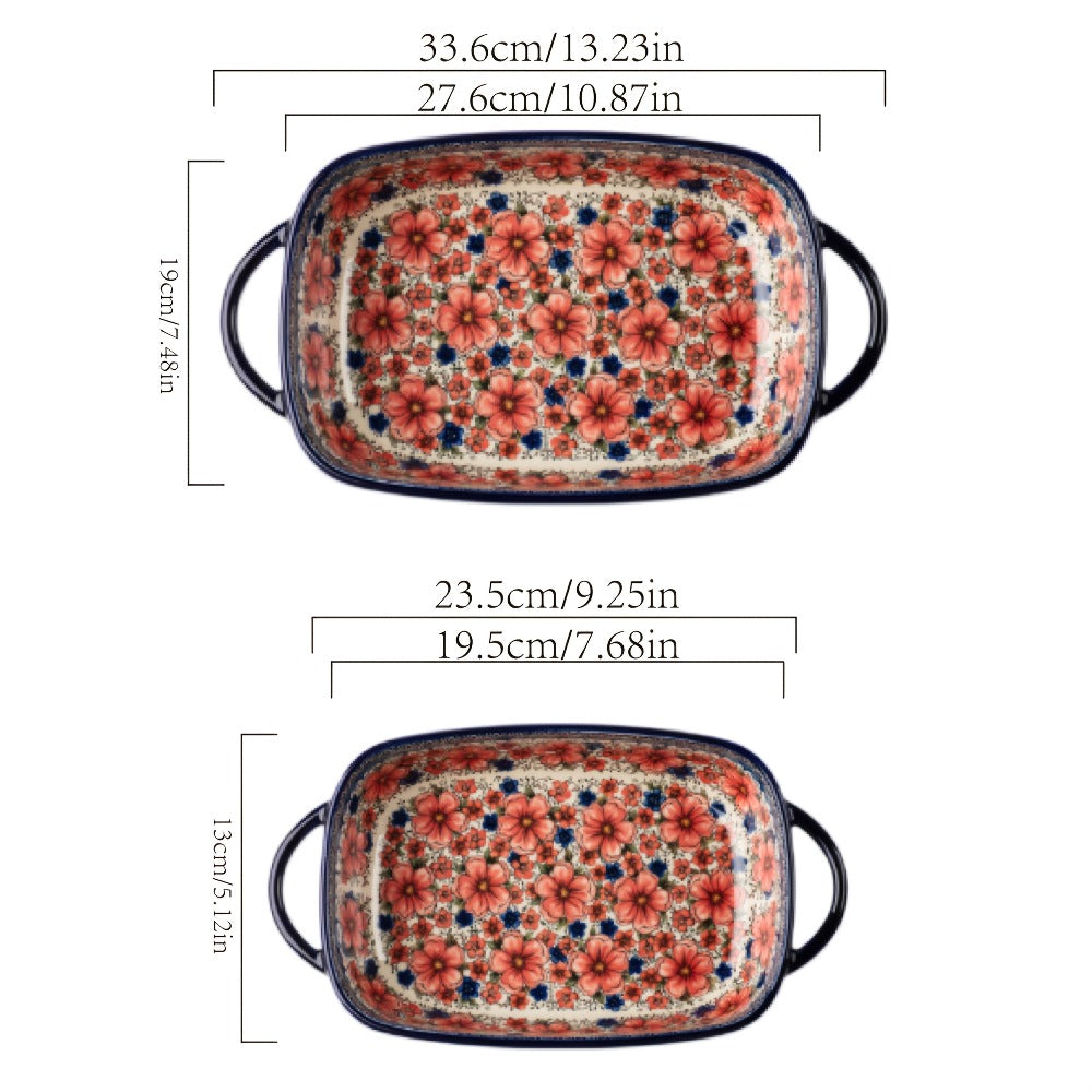Ceramic Baking Dish Set of 2 Large 13 Inch Rectangular Casserole Dish Porcelain Bohemian Bakeware for Lasagna Roasting Casseroles Oven Safe Red Blue Yellow