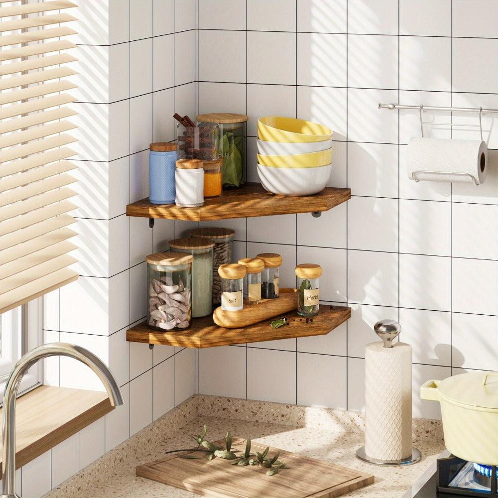 Floating Corner Wall Shelf 5-Sided Wall Mounted Storage Rack - Modern Display Unit for Bathroom, Kitchen, Bedroom & Living Room - Set of 2, 4 or 6 in Brown, Black or White