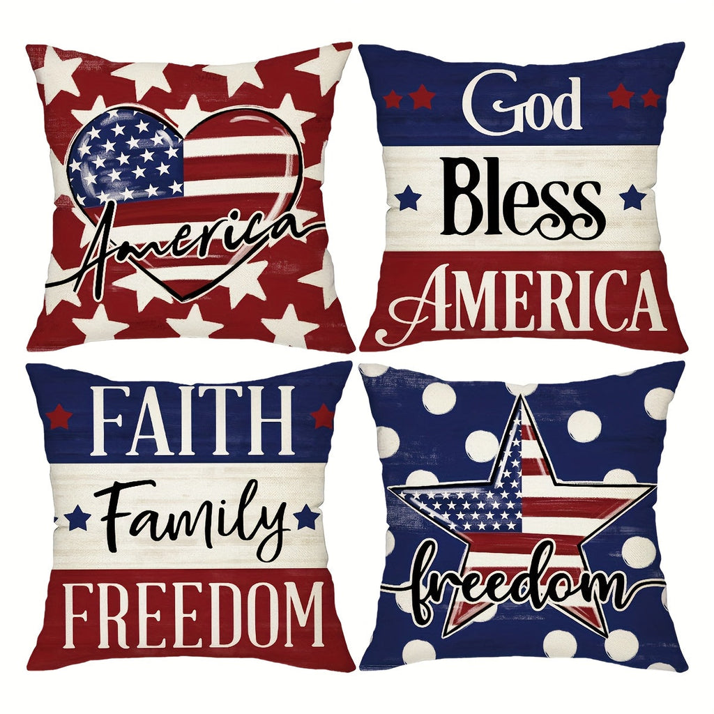 Patriotic Throw Pillow Covers 4pcs Set American Flag USA Freedom Memorial Day Decorative Cushion Covers for Sofa Living Room Outdoor Farmhouse Home Decor 18x18in Polyester No Insert