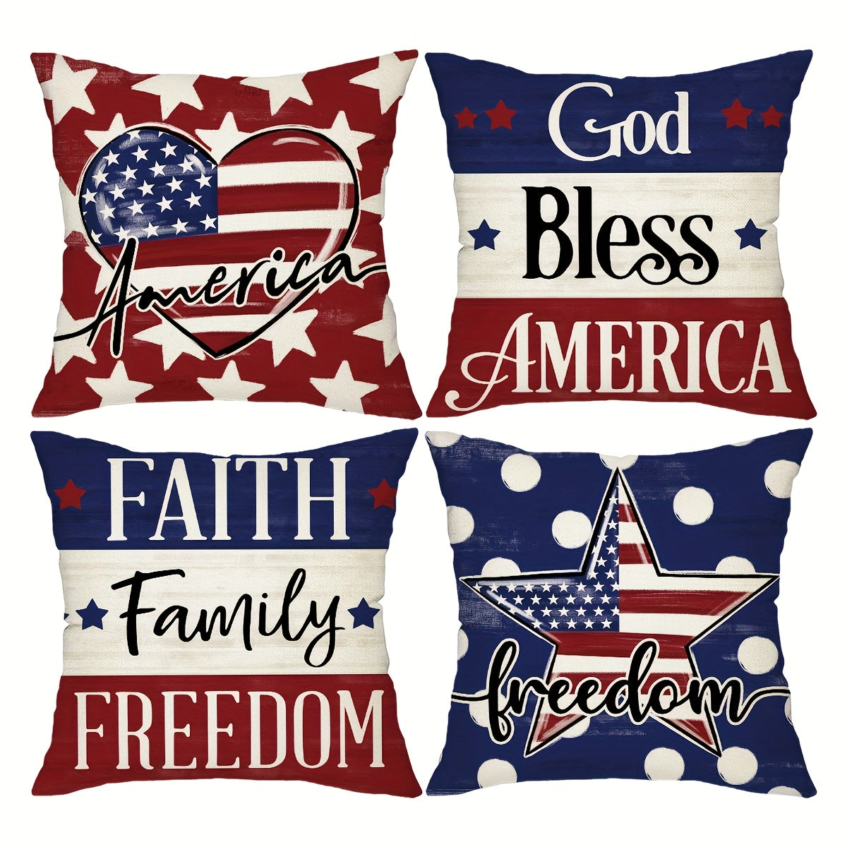 Patriotic Throw Pillow Covers 4pcs Set American Flag USA Freedom Memorial Day Decorative Cushion Covers for Sofa Living Room Outdoor Farmhouse Home Decor 18x18in Polyester No Insert
