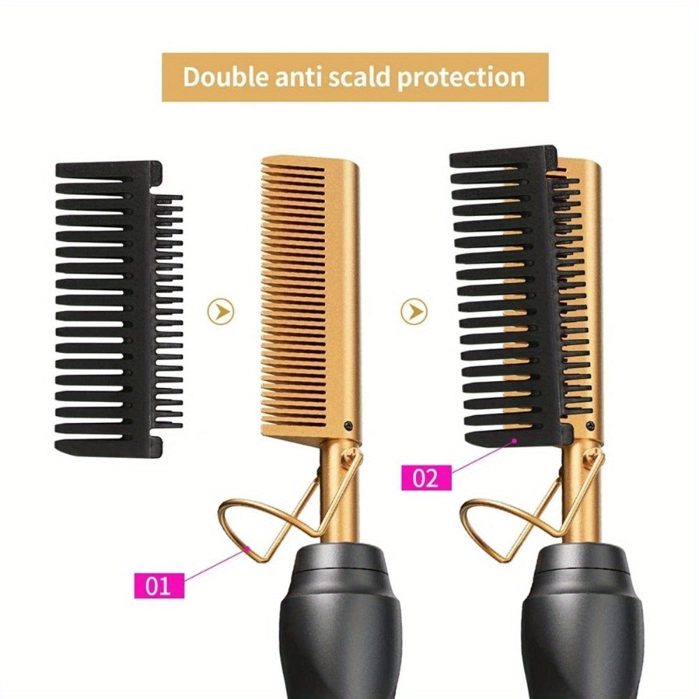 Electric Hot Comb Hair Straightener Ceramic Copper Heating Plate Portable Heat Press Comb for Curl Straight Style Beard Wig Wet Dry Hair Styling Tool for Women Men