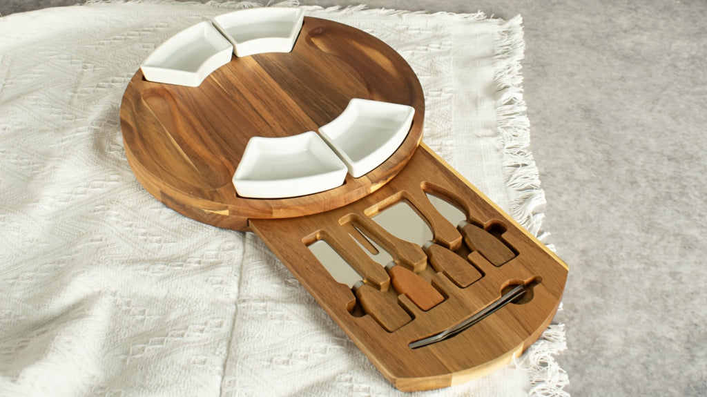 Acacia Wood Charcuterie Board Set Circular Cheese Board with Drawer Knife Set & Ceramic Bowls | Premium Serving Platter Gift Set for Housewarming Bridal Shower Wedding Birthday Women 13x13 Inch