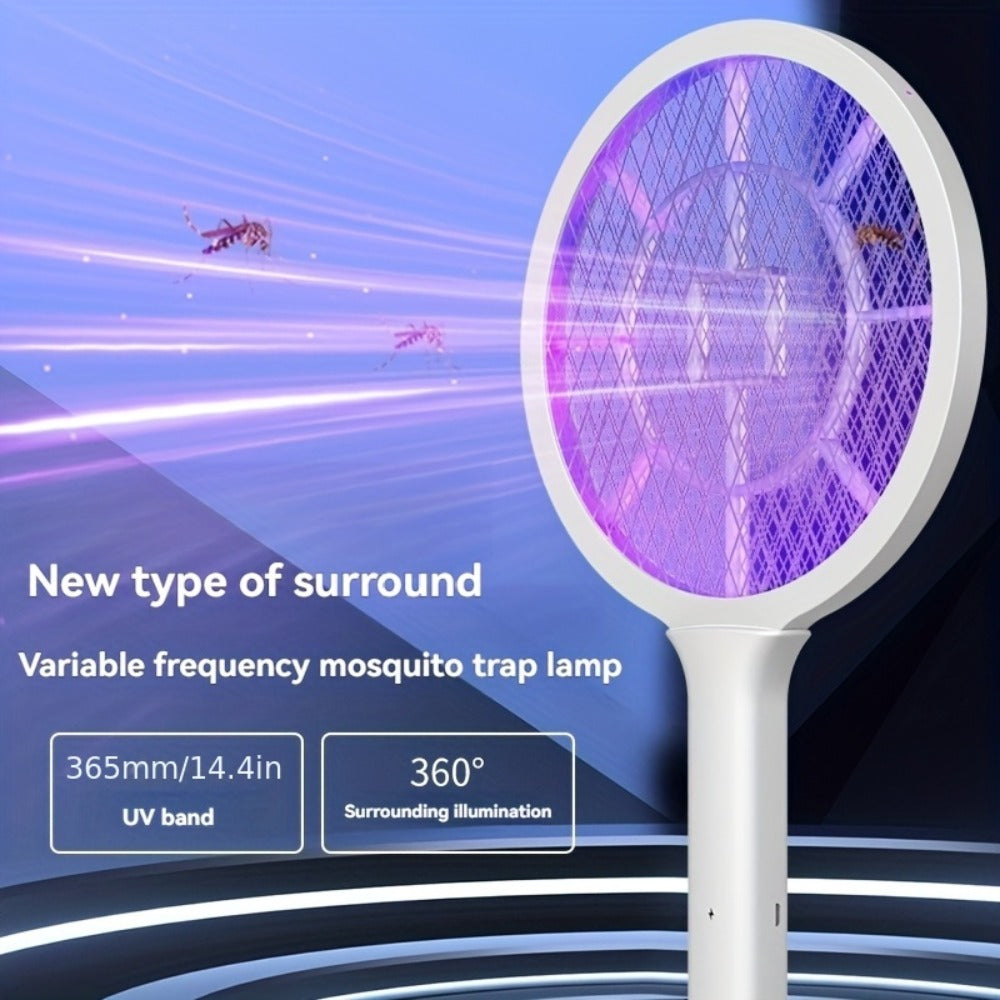 Electric Mosquito Swatter Racket Bug Zapper with LED Night Light & USB Charging, Handheld Insect Killer with Base Stand, Dual Mode Mosquito Lure Lamp for Home, Office & Outdoor Use