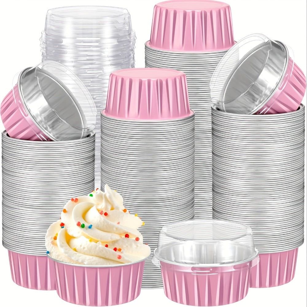Aluminum Foil Baking Cups with Lids, Disposable Cupcake Molds with Spoons, Oven Safe Foil Dessert Cups for Pudding Muffins Mousse, Party Baking Supplies for Weddings Birthdays, 30 or 50 Sets