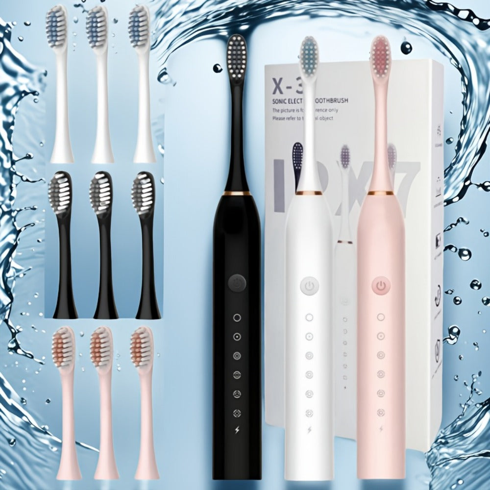 Rechargeable Electric Toothbrush with 6 Cleaning Modes & Smart Timer ¨C USB Sonic Toothbrush for Adults, Replacement Heads Included, 3 Colors, Whitens Teeth & Protects Gums, Great Family Gift