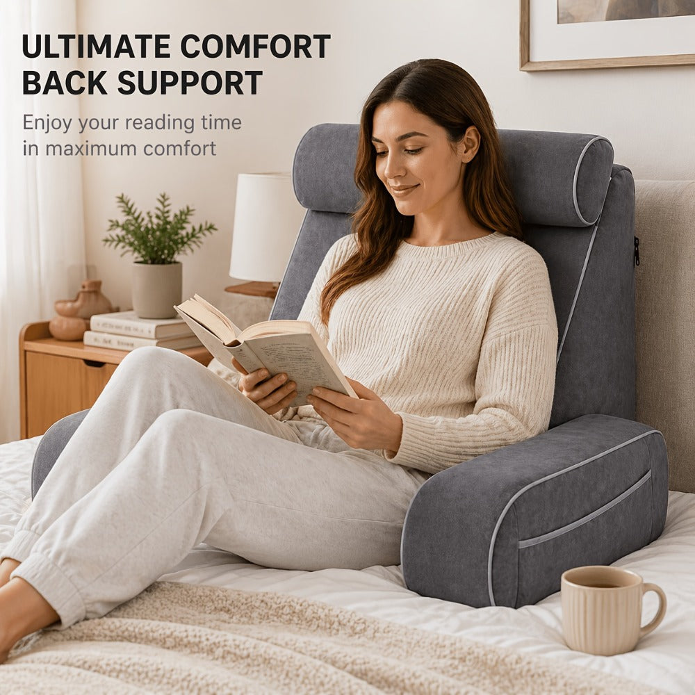 Reading Pillow for Adults Bed Rest Pillow with Arms 19 Inch Back Support Cushion Removable Washable Cover for Sitting Up in Bed Gaming Watching TV Reclining on Couch or Floor Backrest Wedge Pillow Grey