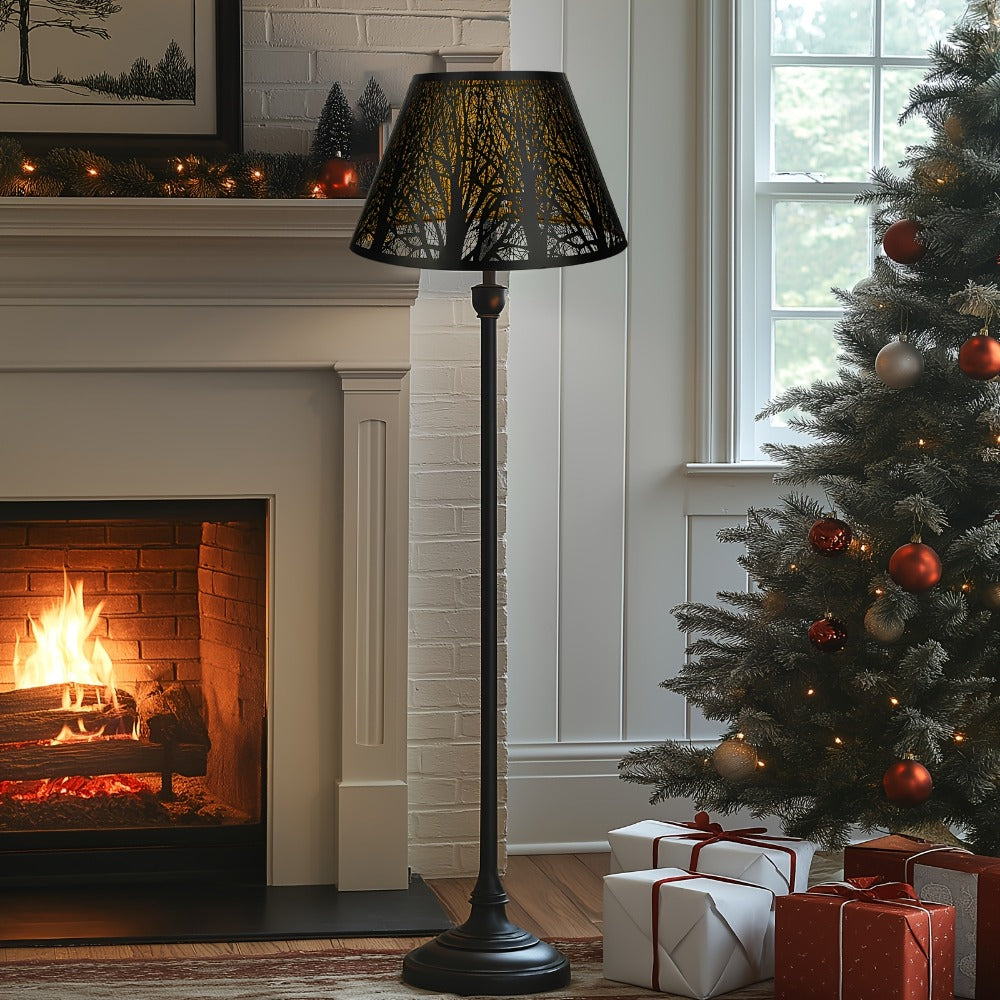 Metal Lampshade Etched Forest & Leaf Design | Black Exterior Gold Interior | Barrel Lamp Shade for Table Lamp & Floor Lamp | Medium Large Decorative Lampshade 7x13x7.8 inch