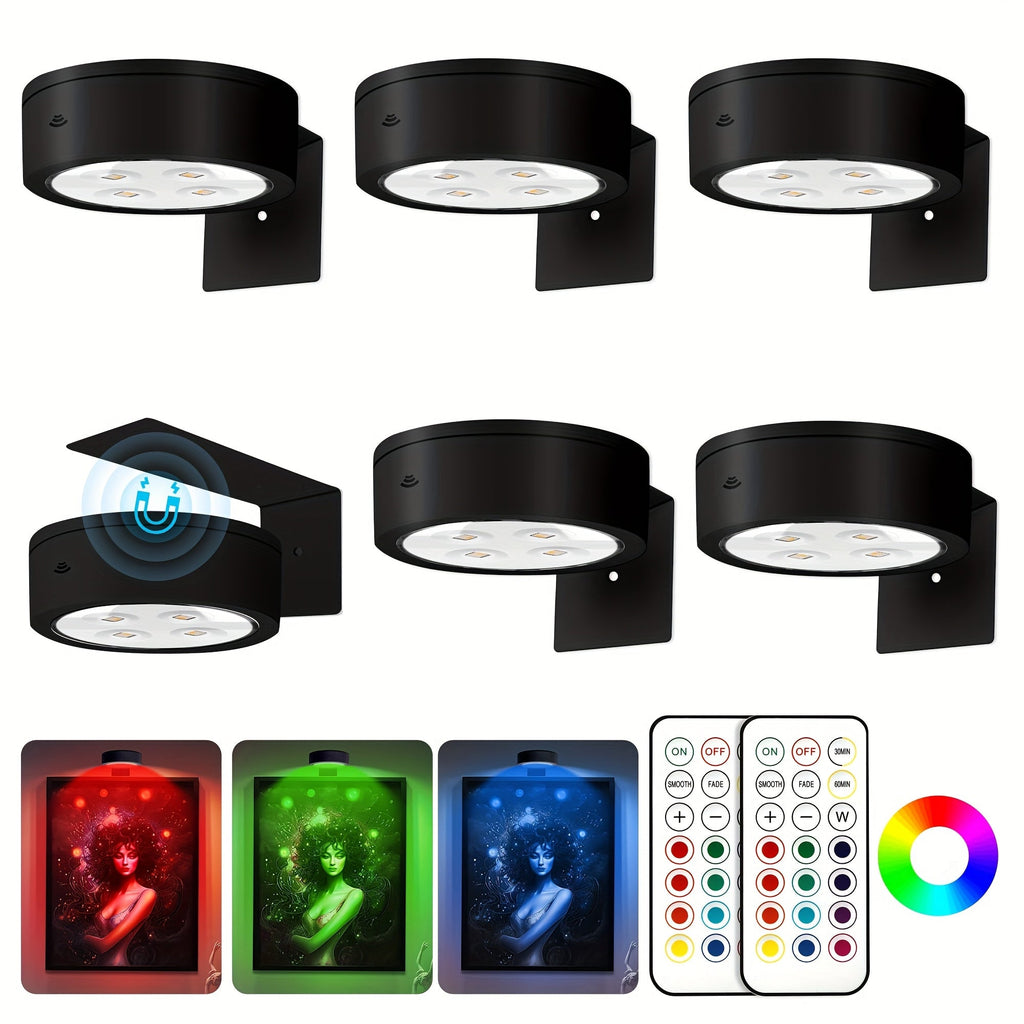 Picture Lights for Wall 13 RGB Color LED Art Light, Wireless Battery Operated Magnetic Painting Light with Remote, 3/6/12Pcs Puck Lights for Picture Frame Home Wall Decor