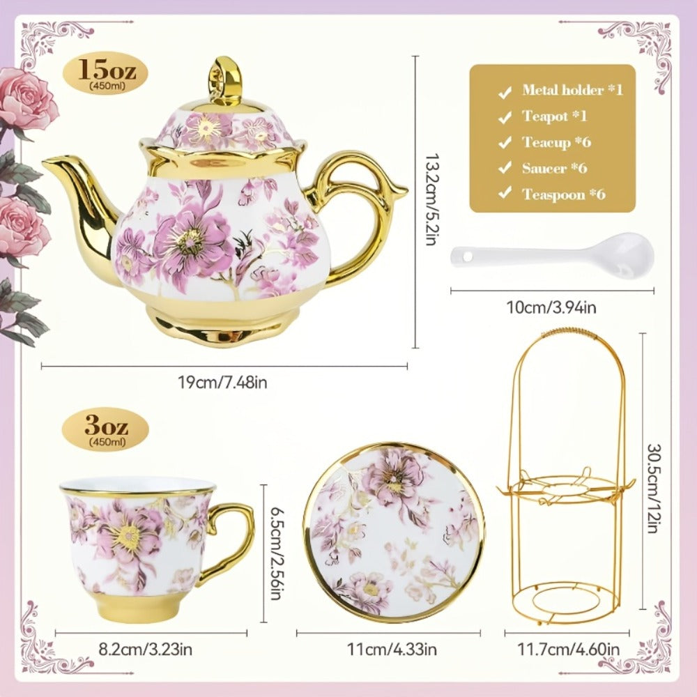 European Floral Ceramic Tea Set 20 Pcs ¨C Italian Style Afternoon Tea Set with Metal Stand ¨C Blooming Pattern Teapot & Cups ¨C Elegant Gift for Tea Lovers & Special Occasions ¨C Golden