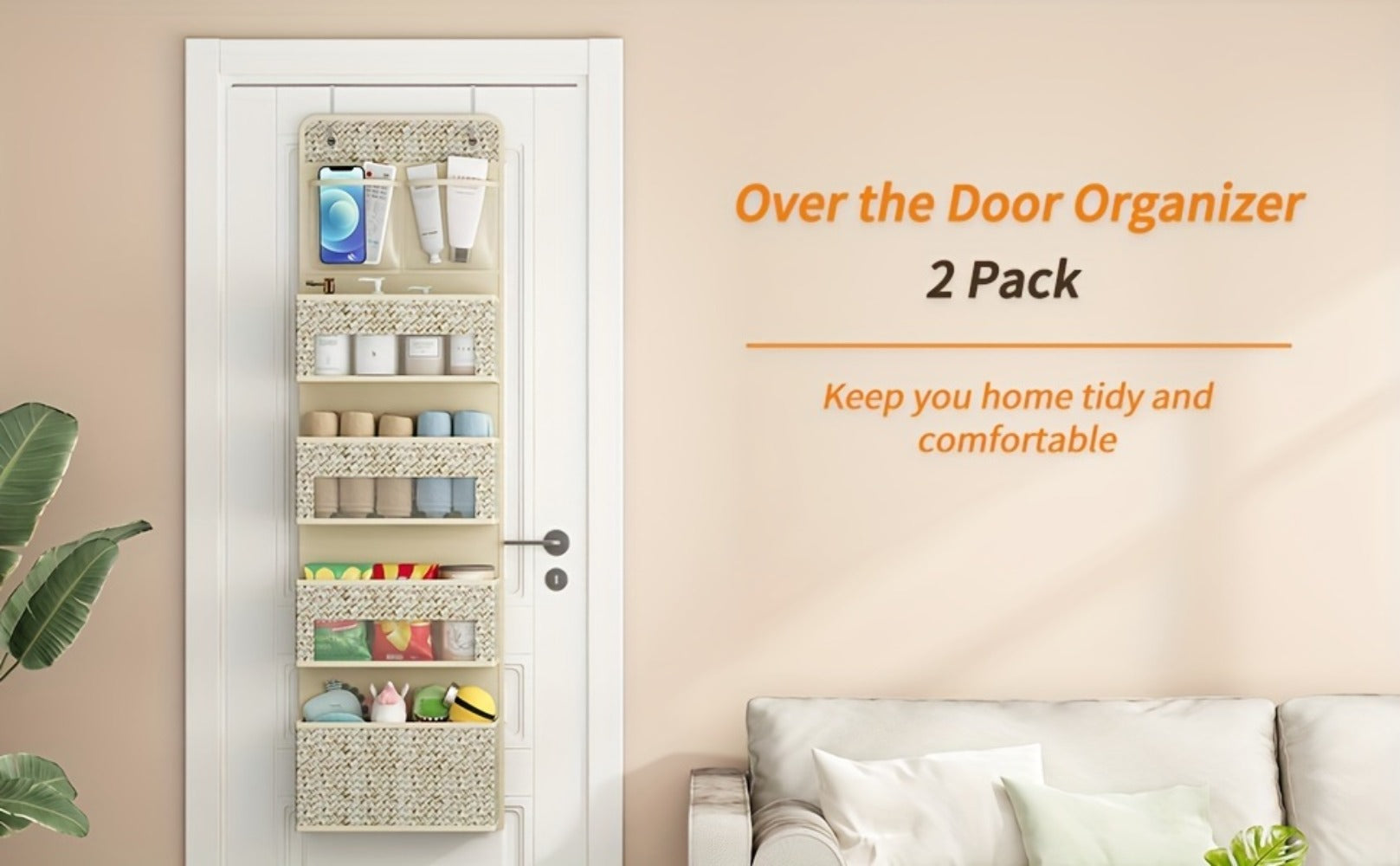 2-Pack Over-The-Door Hanging Organizer with 5 Shelves & 4 Clear Pockets ¨C Beige Rattan Storage Rack for Closet, Bedroom & Bathroom