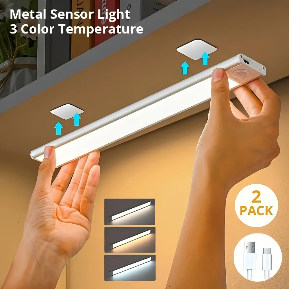 Motion Sensor Under Cabinet Lights 2 Pack | Wireless USB Rechargeable Dimmable 3 Color Temperatures Stick-On Magnetic LED Light for Kitchen Cabinet Wardrobe Stairs Cupboard