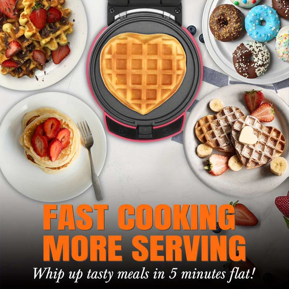 Mini Waffle Maker 4-in-1 with Removable Plates ¨C Waffle, Pancake, Donut & Heart Shape, Non-Stick, Easy Clean, Recipe Included, Compact Breakfast Maker for Home