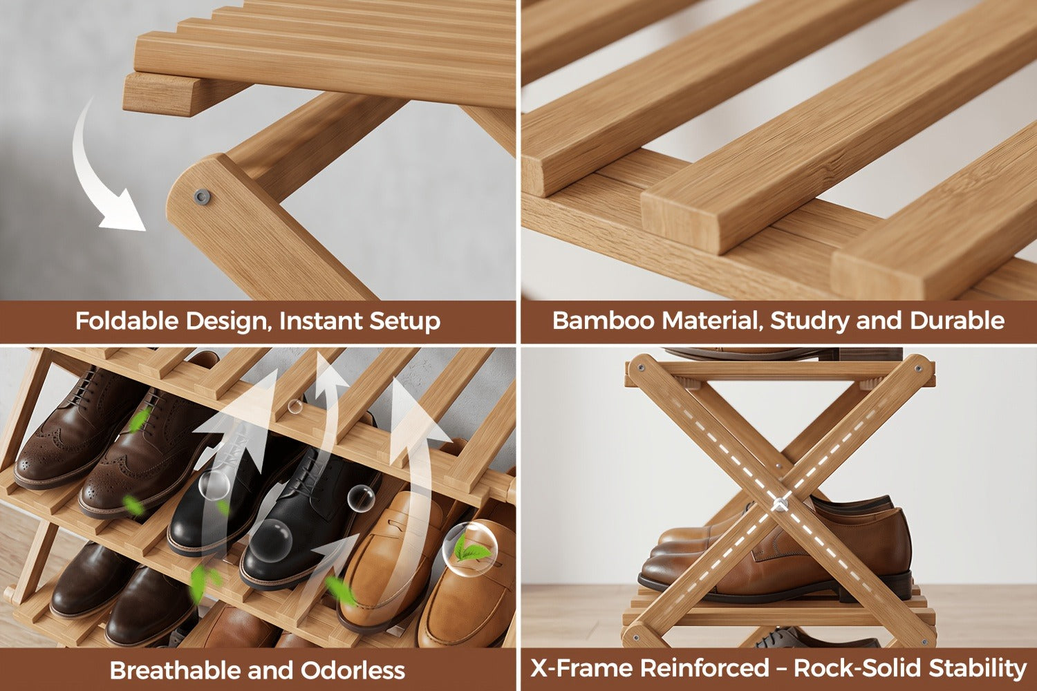 Bamboo Shoe Rack Foldable Multi-Tier ¨C Space-Saving Shoe Storage Shelf, Easy Assembly Standalone Organizer for Entryway, Hallway, Bedroom, Bathroom & Office ¨C 6 or 8 Tier Options