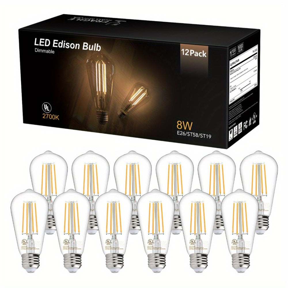 ST58 Vintage Edison LED Filament Bulb 8W 2700K Warm White Dimmable ¨C 60W Equivalent E26 Base Clear Glass Antique Style for Chandelier Pendant Bedroom Living Room Home Commercial, 12 & 24 Pack