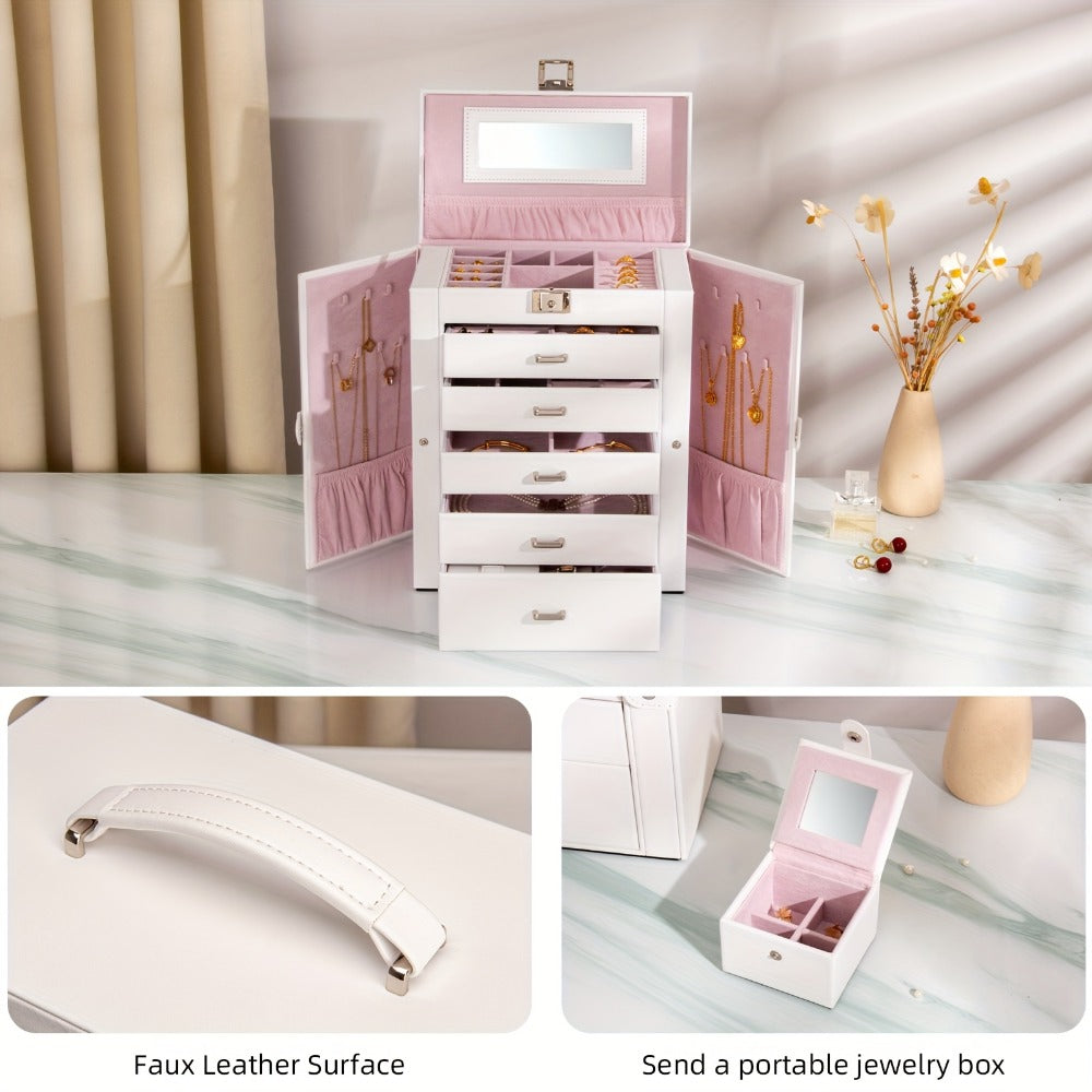 Jewelry Box 6 Tier with 5 Drawers Mirror & Lock | Large Jewelry Organizer Storage Case Gift for Women