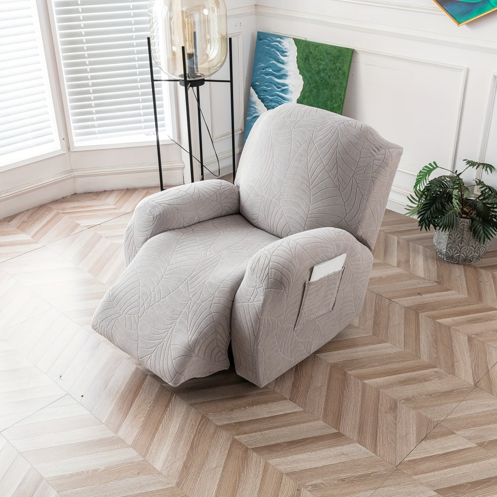 Recliner Chair Cover Slipcover 4-Piece Set ¨C Leaf Jacquard Stretch Furniture Protector with Storage Pocket, Non-Slip Recliner Sofa Cover for Living Room, Machine Washable, 6 Colors Available